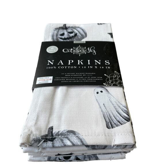 Halloween Ghost Pumpkin Cotton Napkins Set of 6 White Black Gray Spooky NEW - Picture 3 of 12